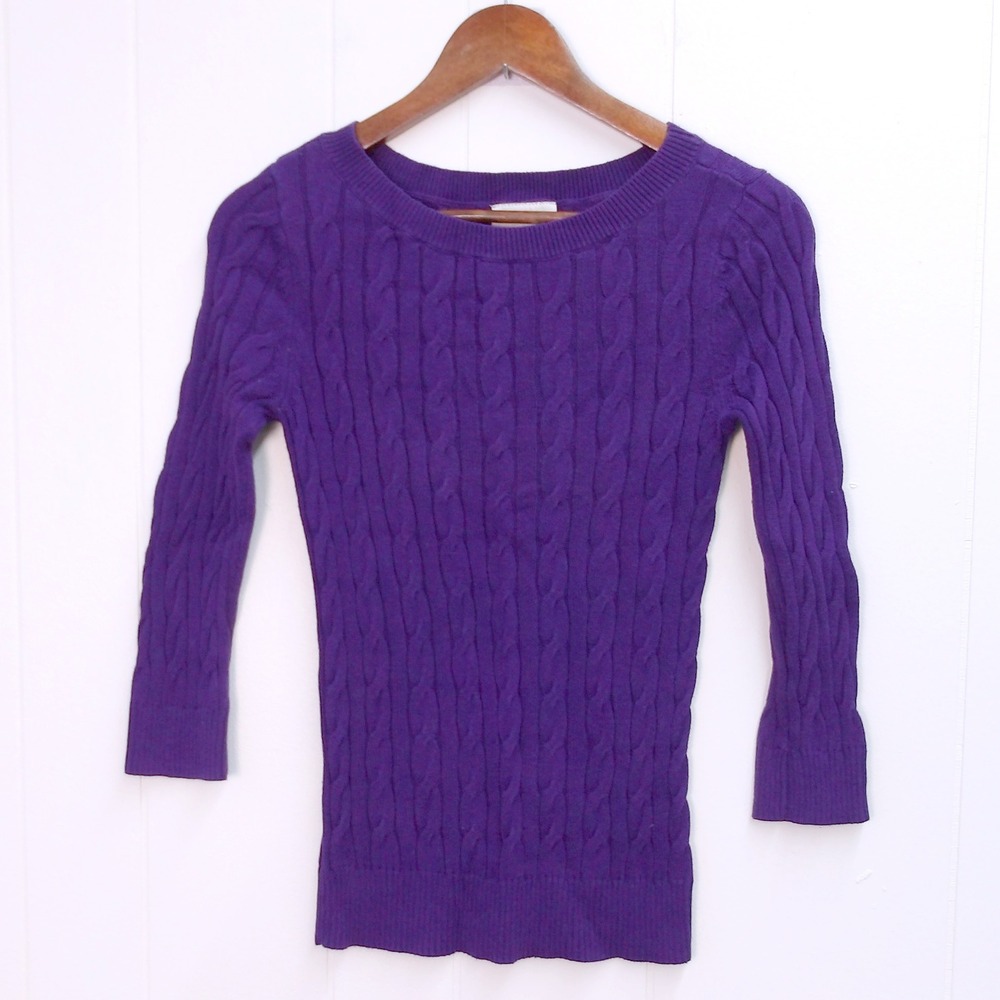 LOFT Purple Cable Knit 3/4 Sleeve‎ Sweater Women's XS / #1225
